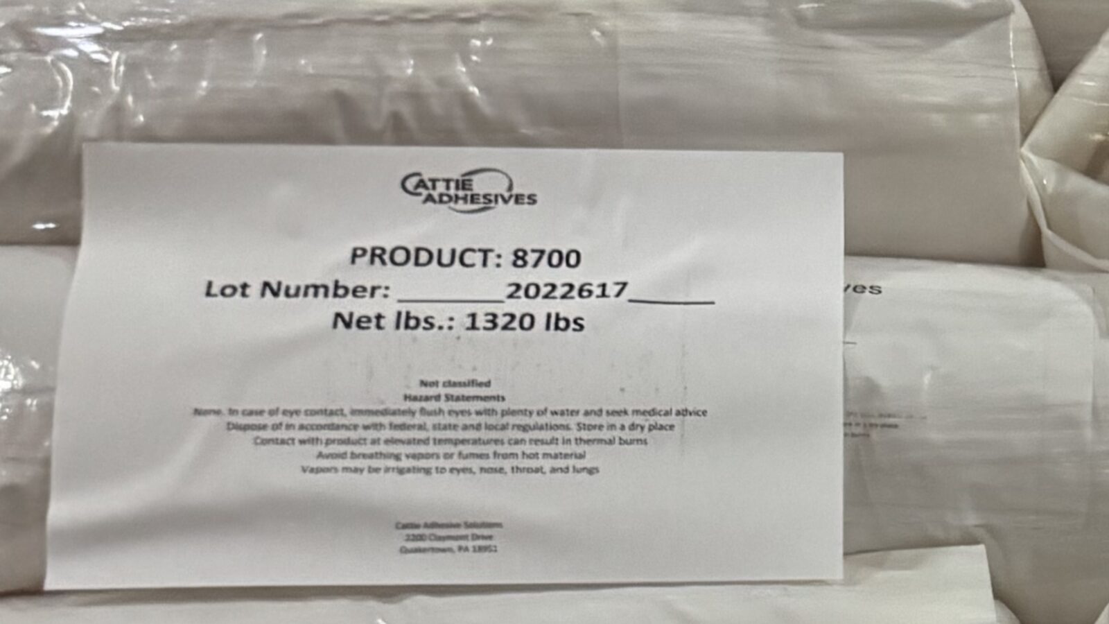 Bagged Cattie Adhesives product 8700, 1320 lbs, Quakertown PA