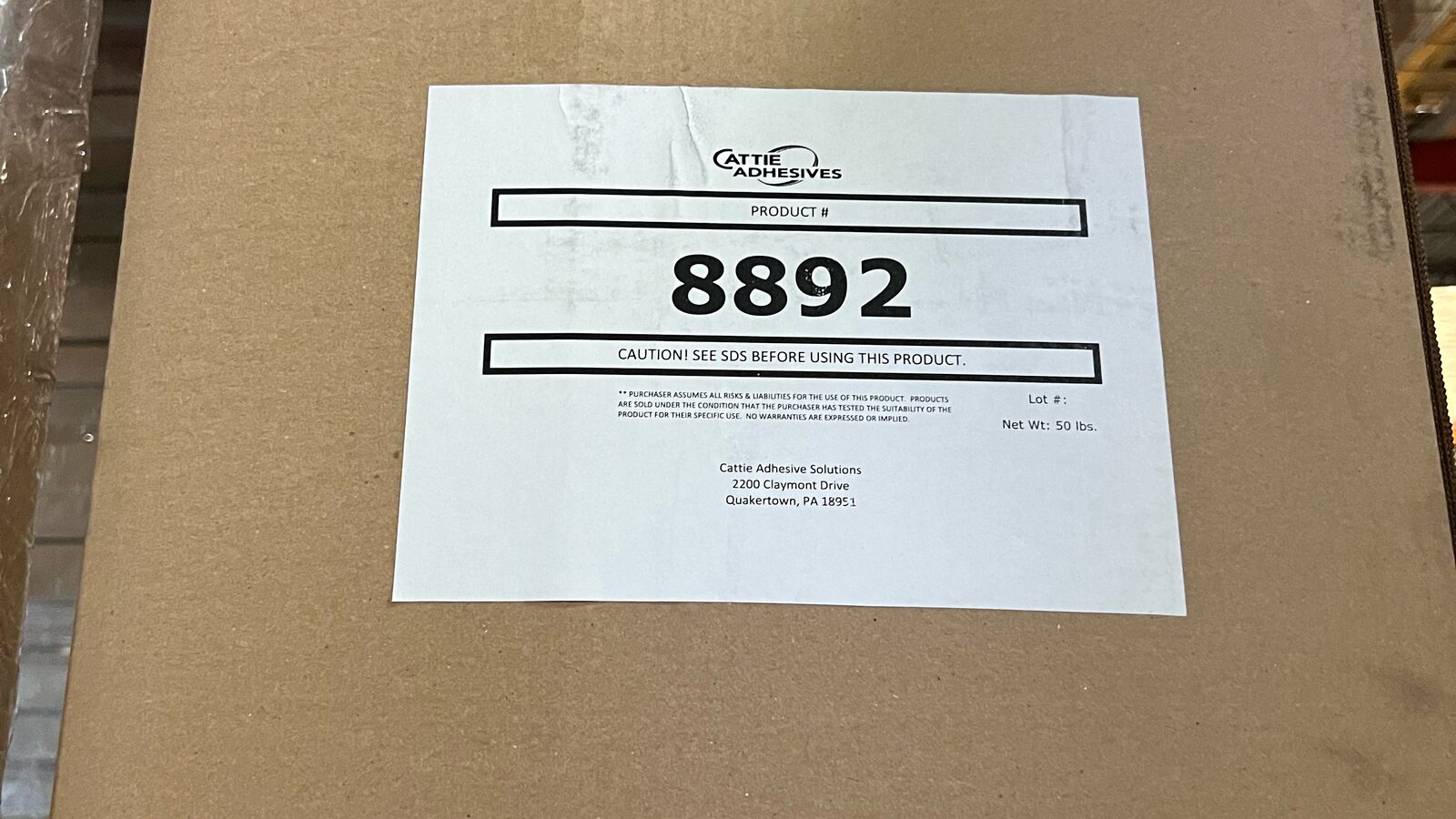 Cattie Adhesives product 8892 carton, 50 lbs, Quakertown PA