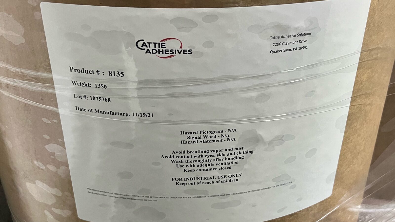 Stretch-wrapped Cattie Adhesives fiber drum product 8135
