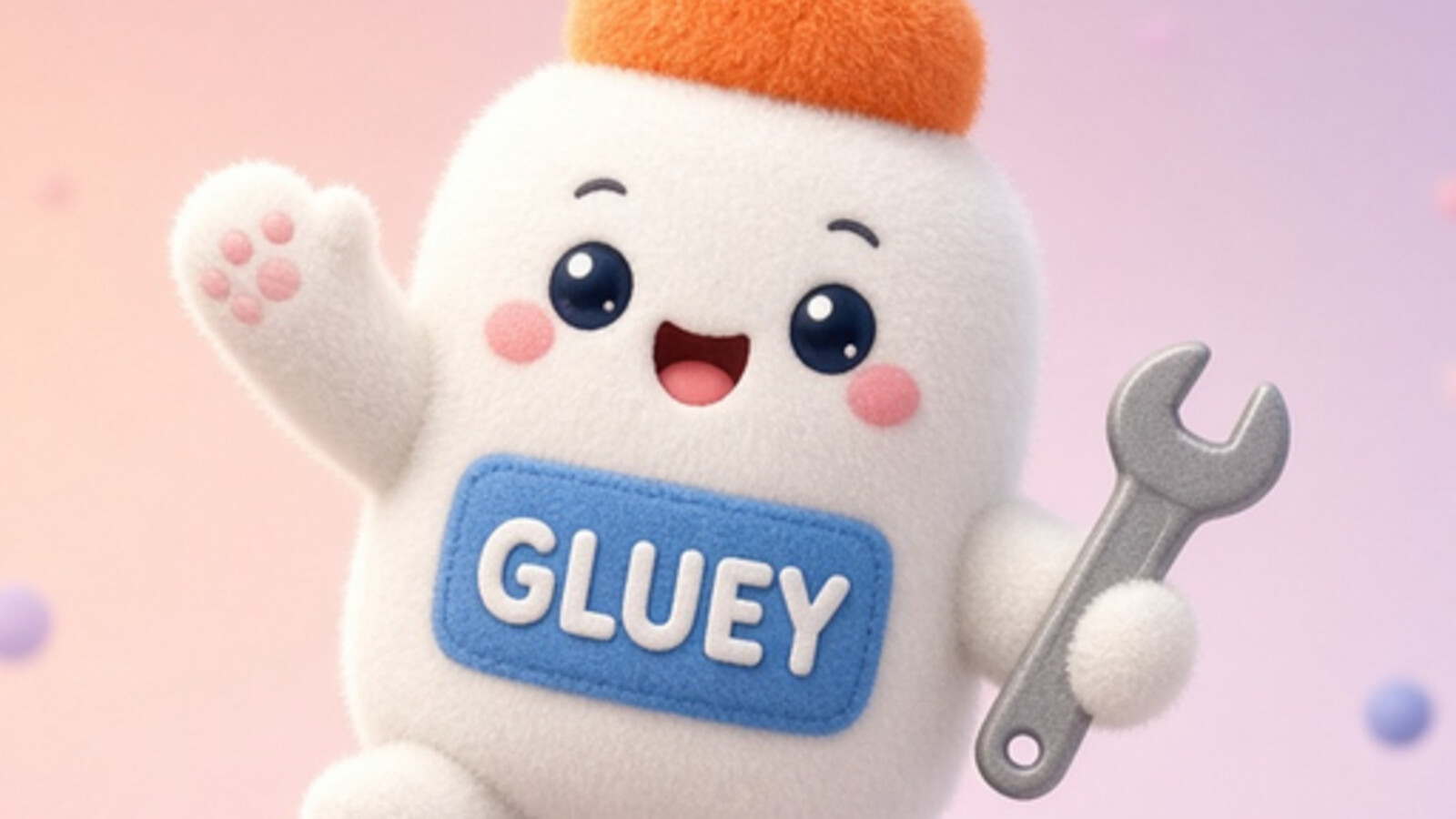 Gluey, the Cattie Adhesives mascot, waving