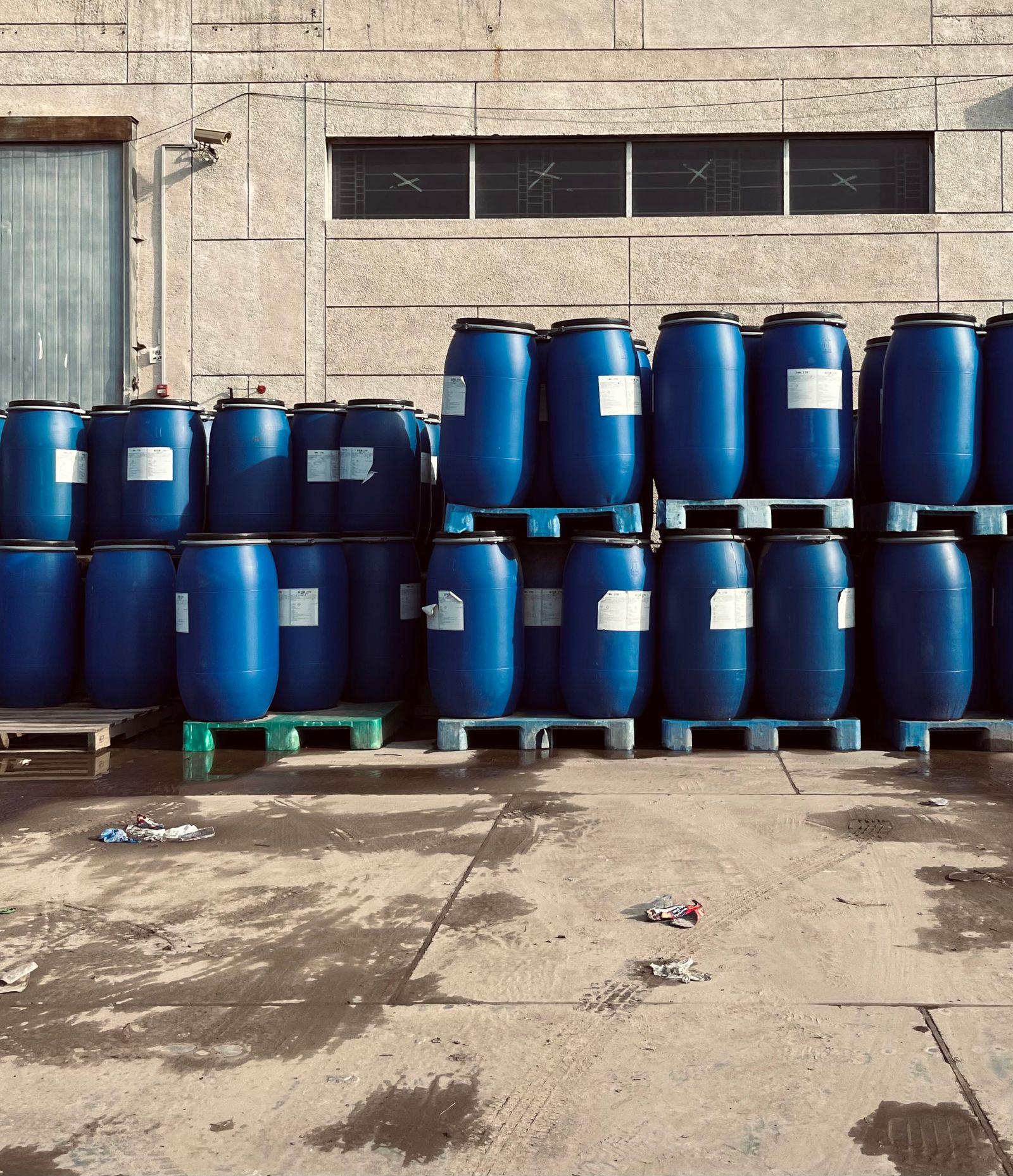 Industrial adhesive drums in the plant
