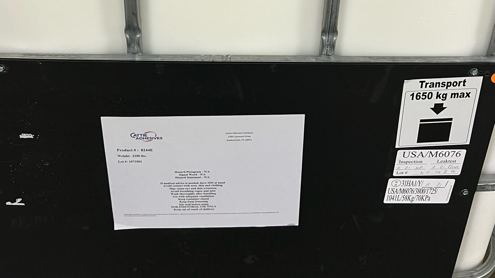 IBC tote of Cattie Adhesives product 8244E, 2200 lbs