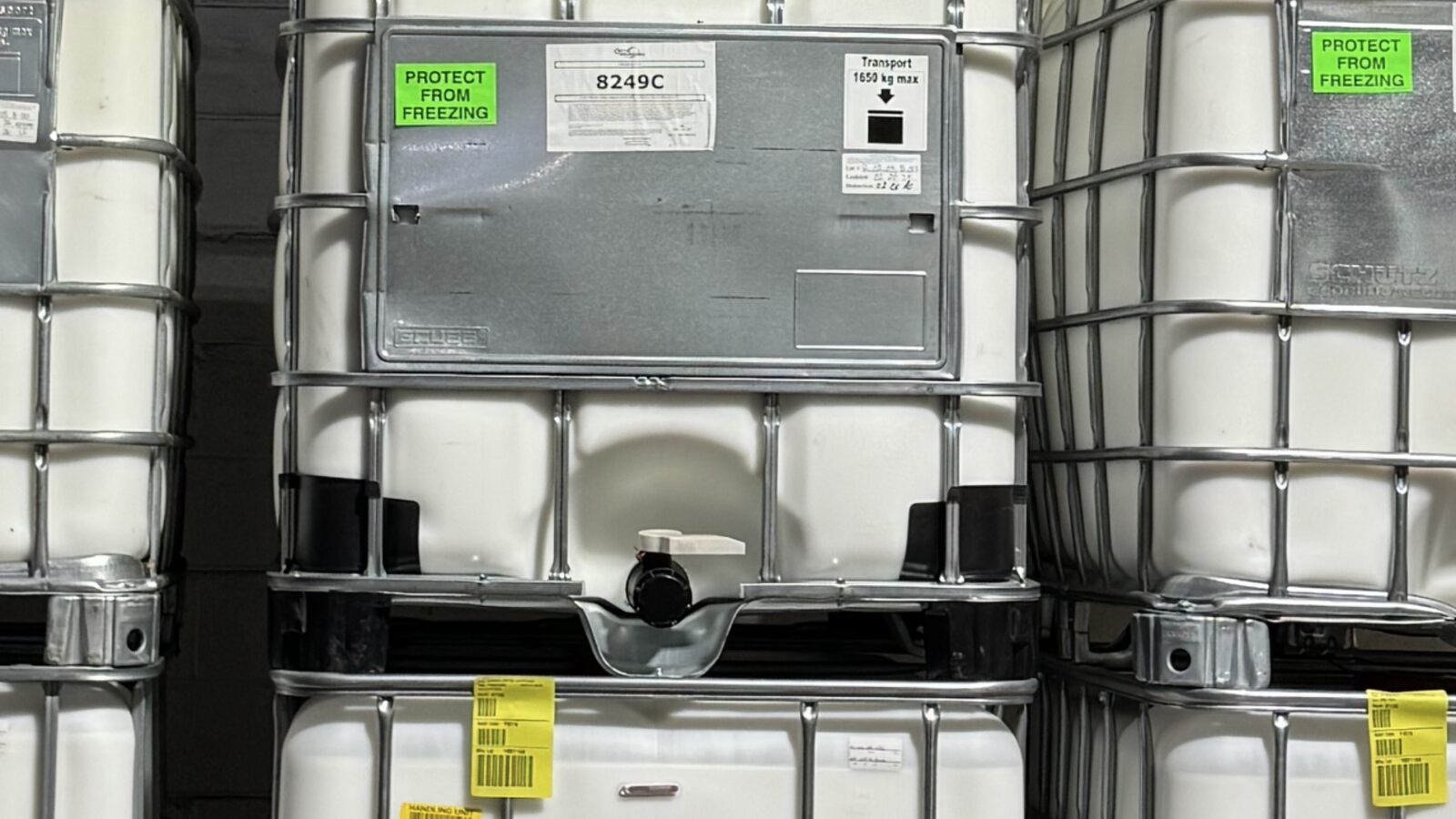 IBC totes labeled 8249C with Protect From Freezing stickers in the plant