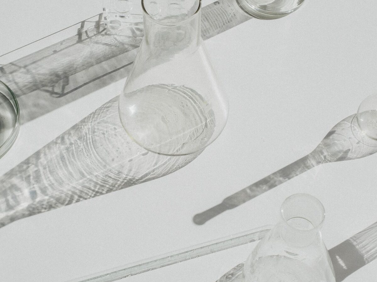 Laboratory glassware on a white surface